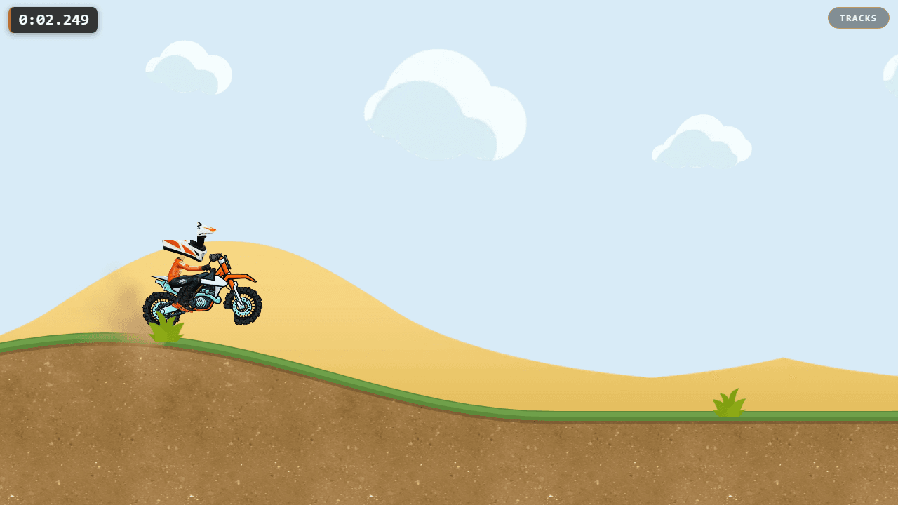Dirt Bike Dialed side-scroller gameplay: a rider crests a hill with the lap timer running