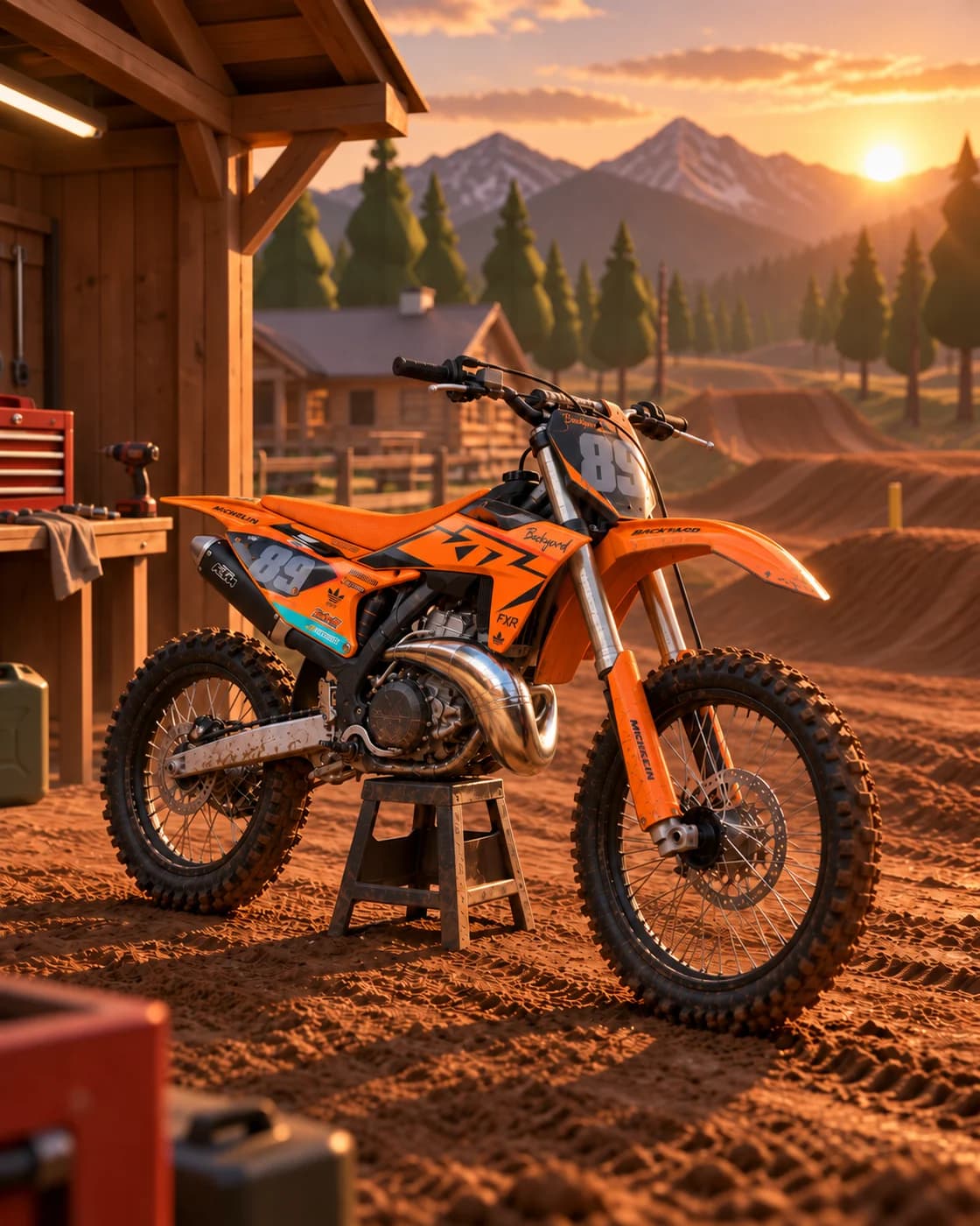 Promotional artwork: an orange KTM 300 number 89 on a stand outside a timber workshop, with a dirt track and mountains behind it at sunset