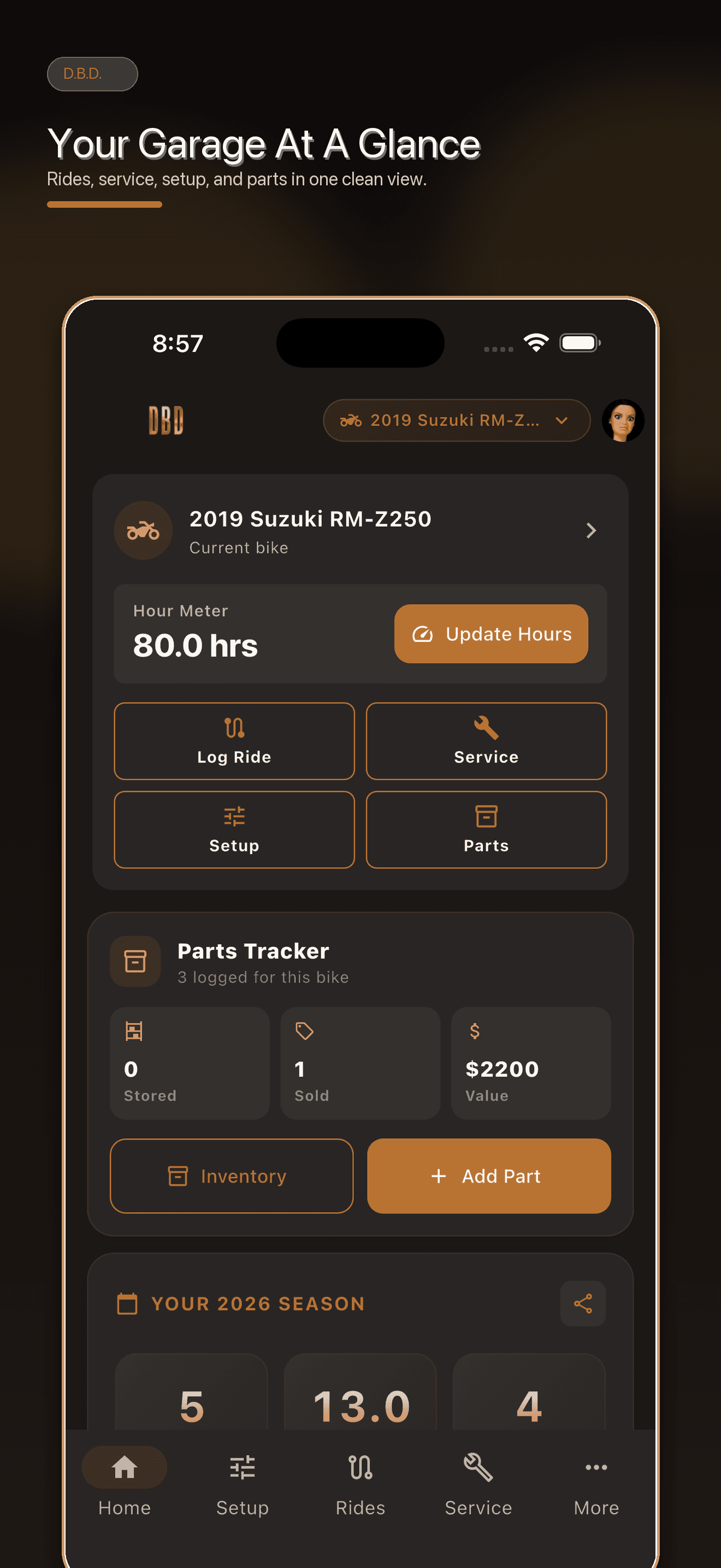 Dirt Bike Dialed garage overview showing rides, service, setup, and parts