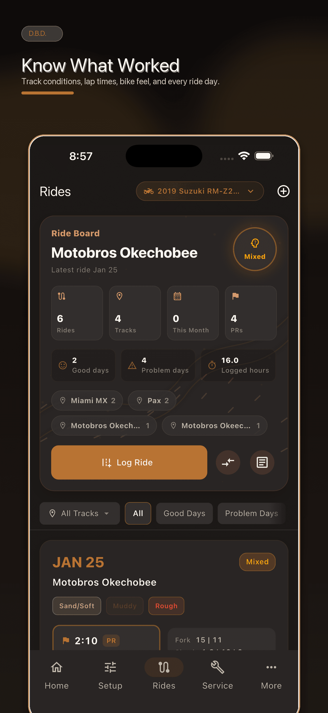 Dirt Bike Dialed ride notes screen showing conditions, bike feel, and session history