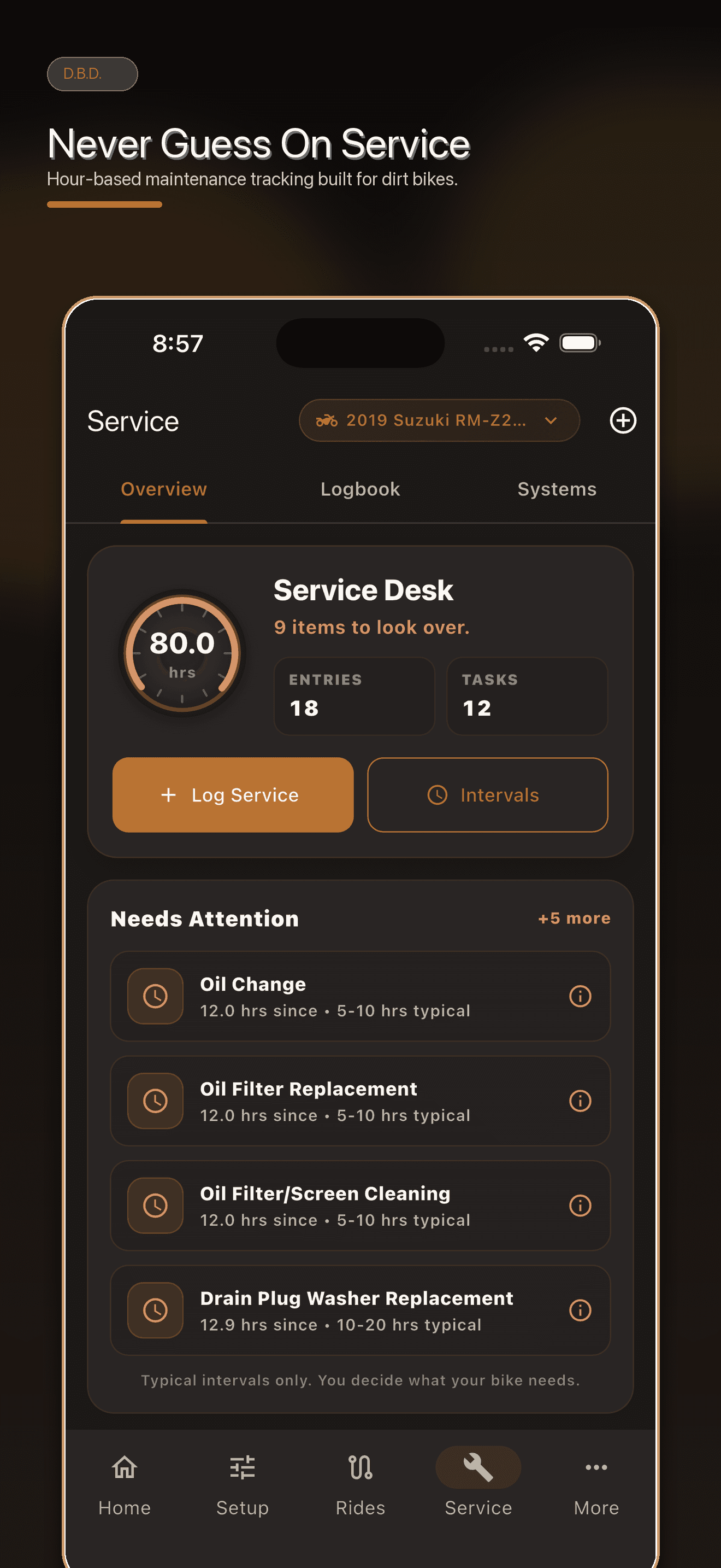Dirt Bike Dialed maintenance screen showing hour-based service history