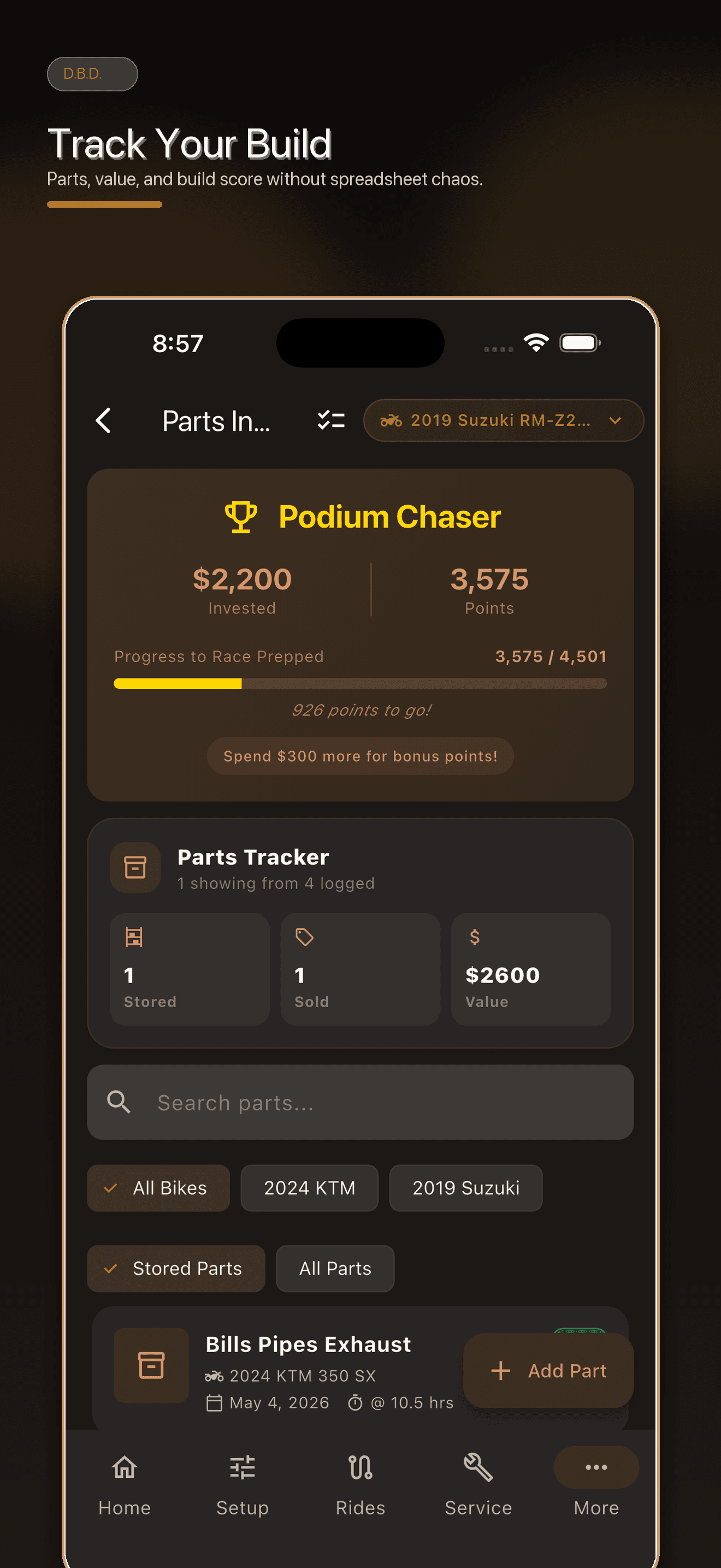 Dirt Bike Dialed parts tracking screen showing build inventory and value