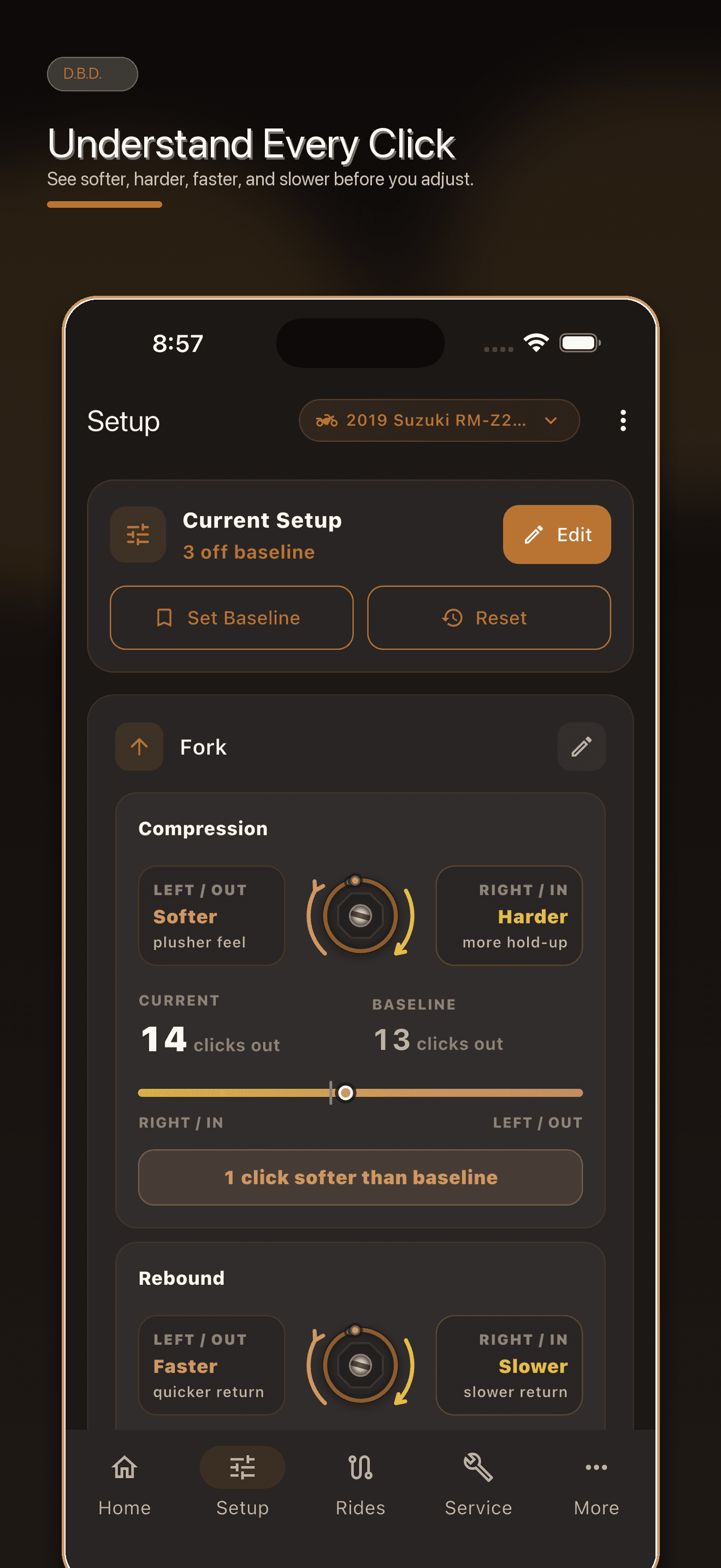 Dirt Bike Dialed suspension settings screen with baseline and current clicker positions